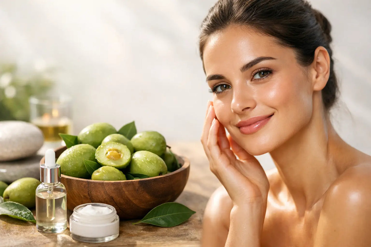 Woman touching her cheek and looking towards the camera, with a bowl of green Kakadu plums on the bench beside her.