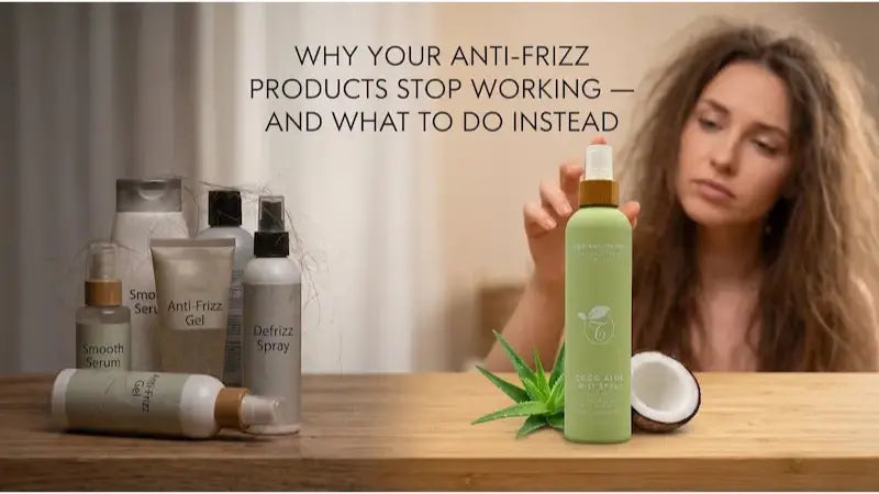 Woman with frizzy hair touching a Long And Strong shampoo bottle.