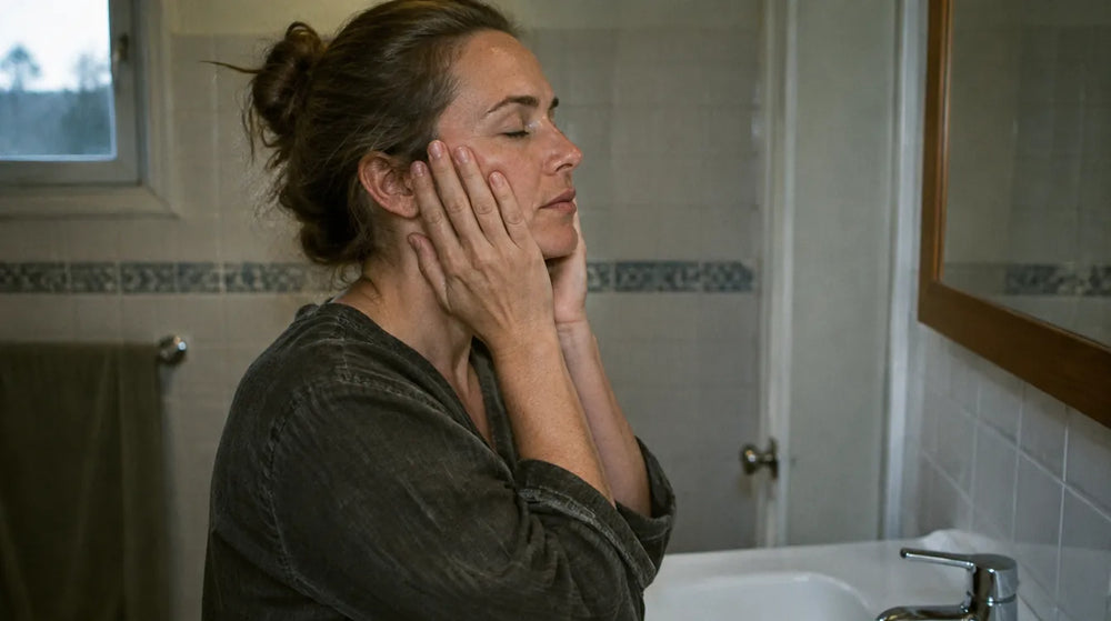 Australian woman pressing her palms to her cheeks after her evening skincare routine, illustrating rosehip oil vs argan oil for face
