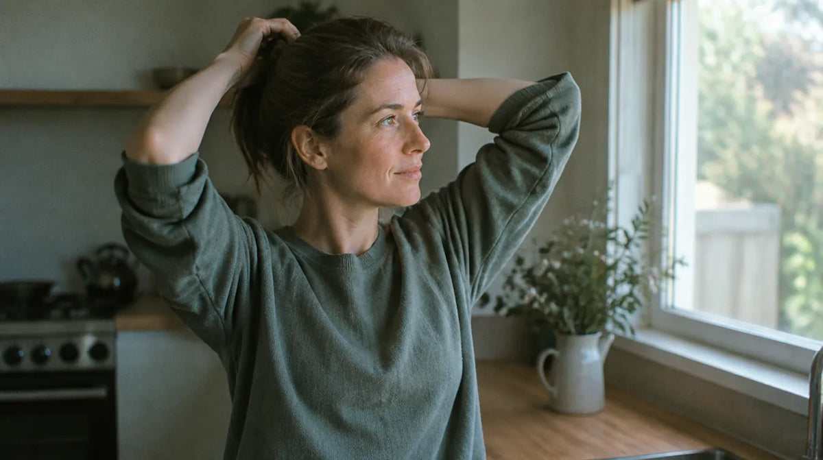 Woman tying her hair up in a sunlit Australian kitchen, from a guide to choosing a sulphate free shampoo for damaged hair