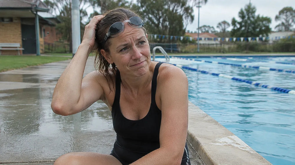 A woman at an outdoor Australian pool pushing wet hair back, the everyday reality of swimmers hair in chlorinated water
