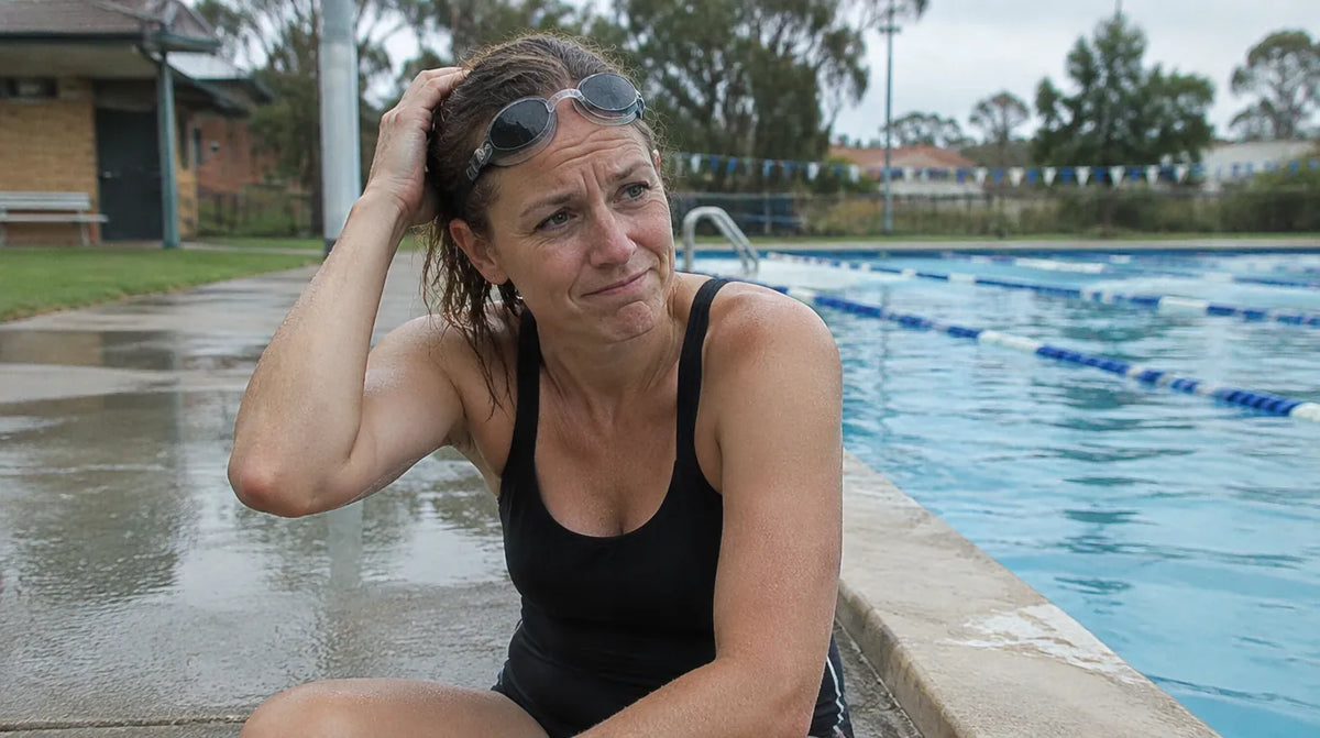 A woman at an outdoor Australian pool pushing wet hair back, the everyday reality of swimmers hair in chlorinated water