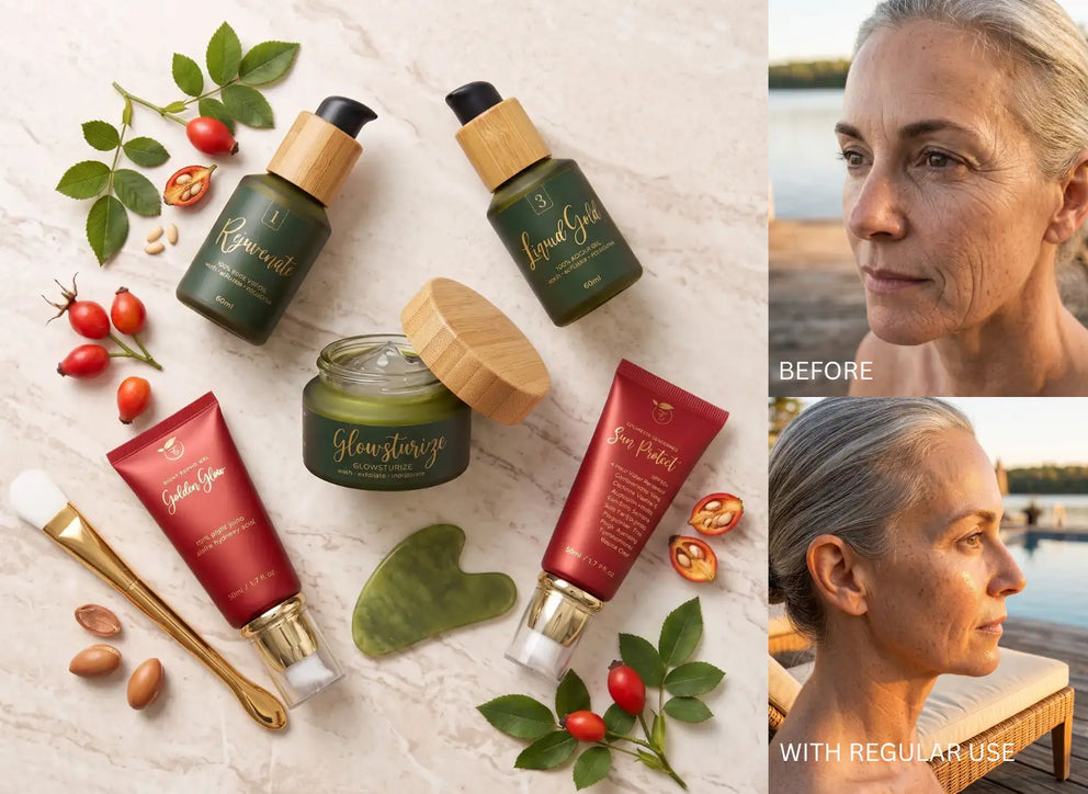A collage showing several skincare products on a light marble surface alongside a before-and-after face comparison on the right. The products include dark green bottles with bamboo caps, a green jar with a wooden lid, red squeeze tubes, and a gold-handled brush, with rosehips, leaves, and almonds arranged around them.
