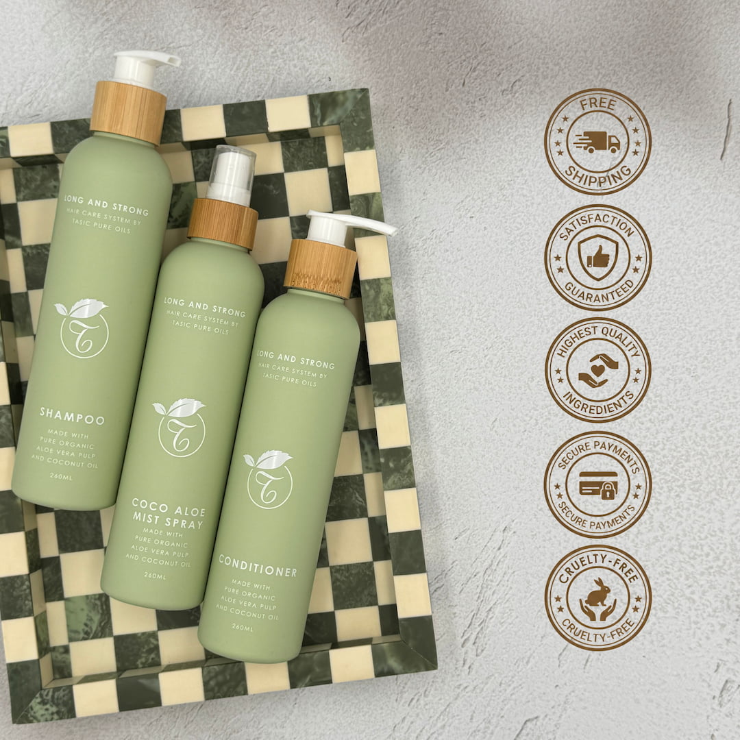 Long and Strong Hair Care System bottles - Australian made natural haircare for growth and strength