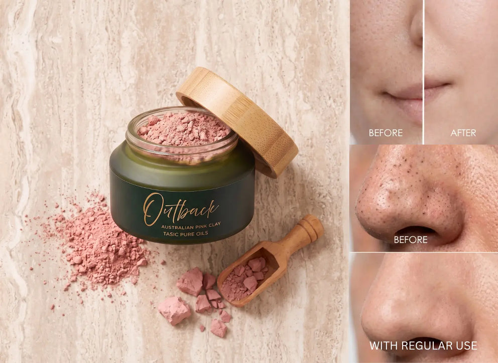 An open jar of Outback Australian Pink Clay mask with a bamboo lid, shown beside loose pink powder and a wooden scoop on a light stone surface. The right side includes three close-up facial skin panels labeled before/after and before/after with regular use, demonstrating the mask's effect.