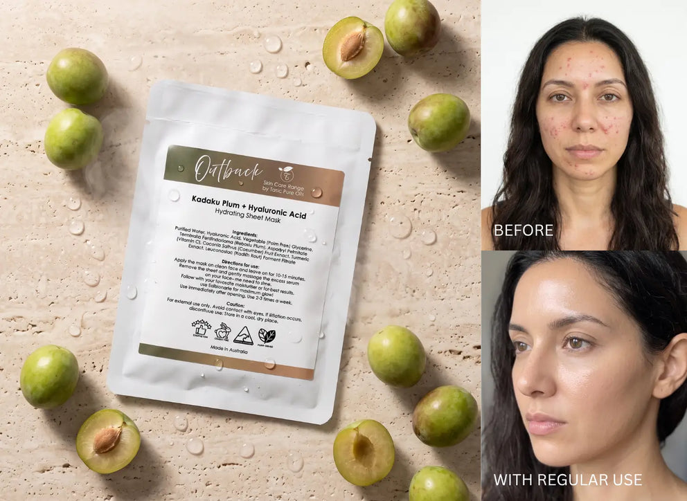 A skincare pouch labeled Outbreak Kakiaku Plum + Hyaluronic Acid Healing Gel Mask is shown on a textured beige surface surrounded by whole and sliced green plums, with two before/after face photos on the right showing a woman's complexion improvement.