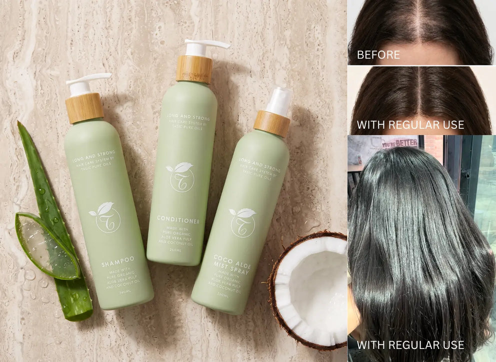 Three light green hair care bottles with bamboo caps are arranged on a textured beige surface with aloe vera and a coconut half. On the right, two inset photos show a woman's hair before and after regular use, demonstrating a straightened, shiny, and healthy look.