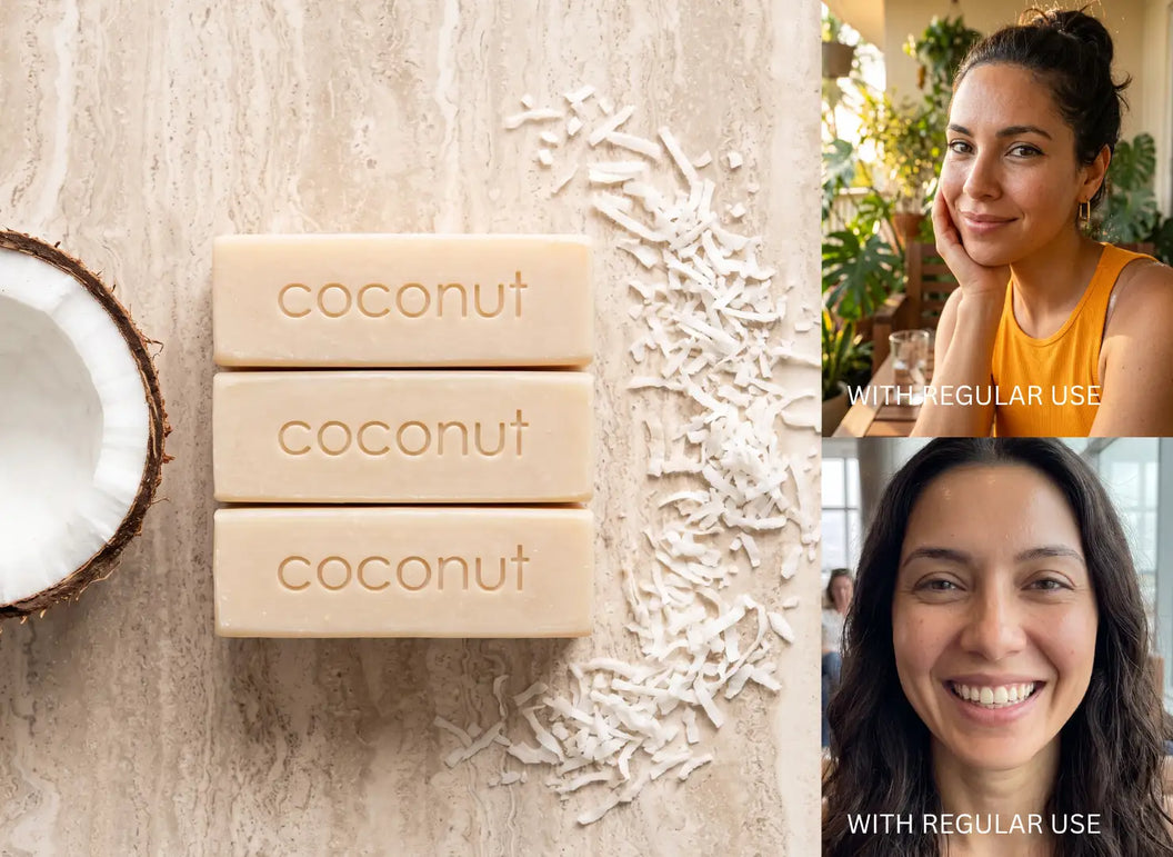 Three beige coconut soap bars labeled 'coconut' on a light stone surface with shredded coconut scattered beside them, alongside a halved coconut. Two inset photos on the right show a woman smiling and using the product, with text reading 'WITH REGULAR USE'.