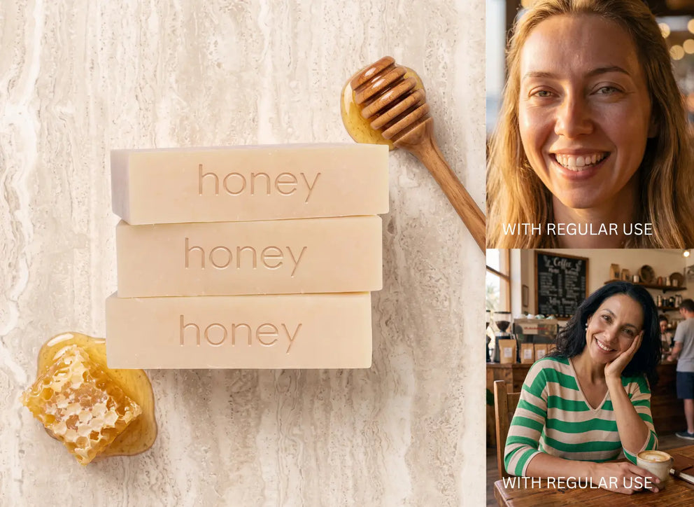 Three rectangular honey-colored soap bars labeled 'honey' are stacked on a textured light surface with a wooden honey dipper and a piece of honeycomb nearby. On the right side, two inset photos show smiling women with the text 'WITH REGULAR USE' over them, suggesting a lifestyle or usage-result context.