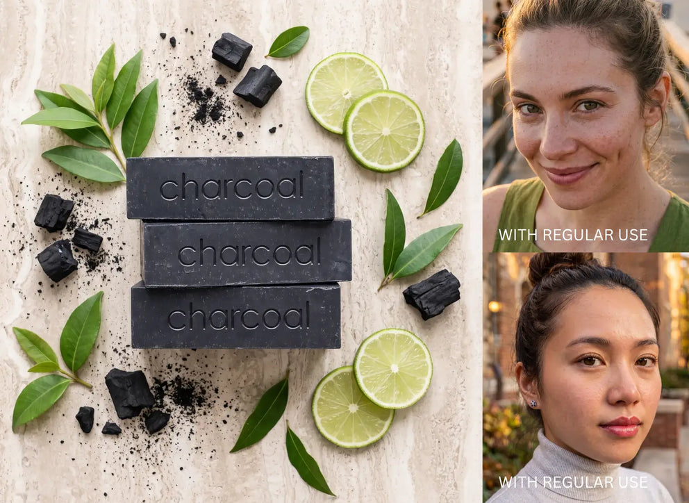 Three dark charcoal bars labeled 'charcoal' are arranged on a light stone surface with green leaves, lime slices, and scattered charcoal powder. Two inset photos on the right show women's faces with text reading 'WITH REGULAR USE' above and below, suggesting a skincare or beauty product result.
