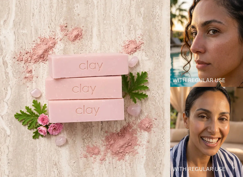 Three pink clay bars labeled 'clay' are arranged on a textured light surface with scattered pink powder, green leaves, and small stones. Two inset photos on the right show a woman's face with text reading 'WITH REGULAR USE' above each portrait.