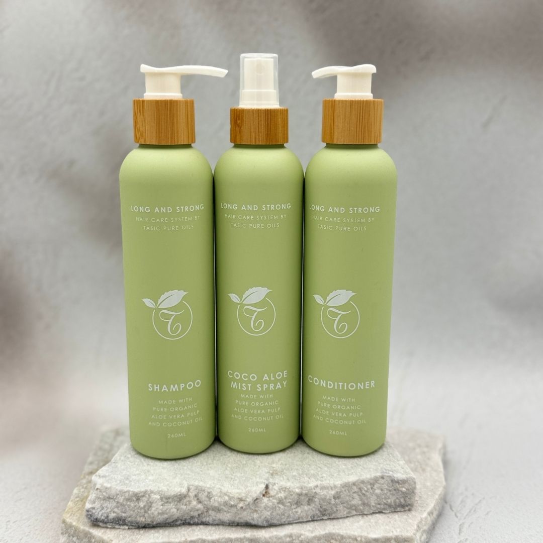 Long and Strong Hair Care System bottles - Australian made natural haircare for growth and strength