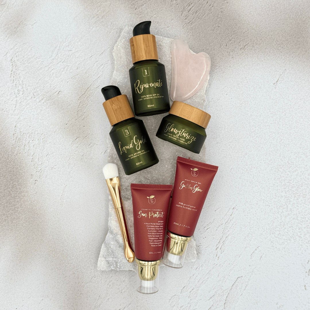 Exfoljenate complete skincare set by Tasic Pure Oils - argan oil rosehip oil fruit enzyme gels SPF50 and guasha