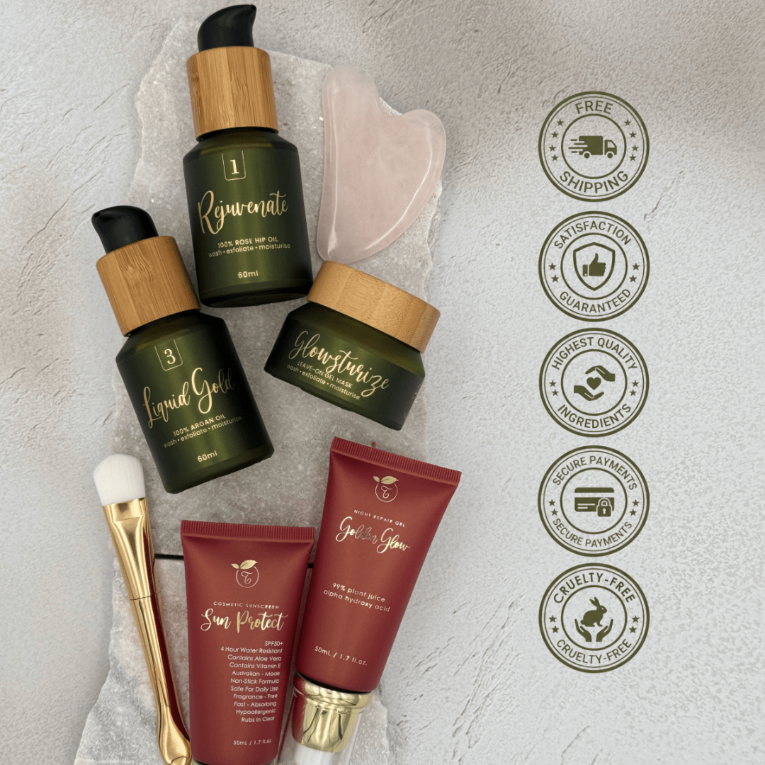 Exfoljenate face oils and gels - Liquid Gold argan oil and Rejuvenate rosehip oil by Tasic Pure Oils
