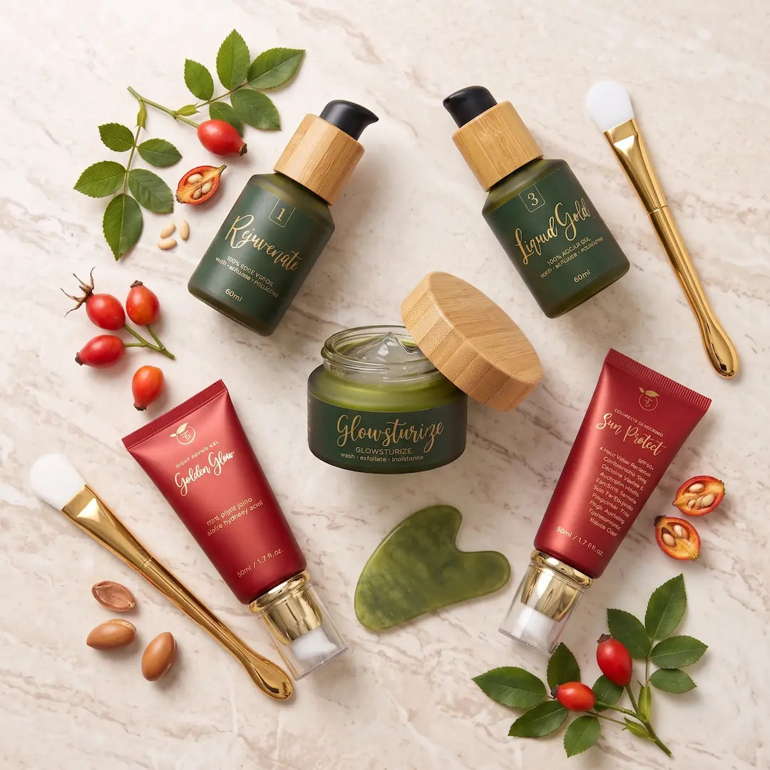Luxury flatlay of the full Tasic Pure Oils Exfoljenate skincare system with Rejuvenate rosehip serum, Liquid Gold argan serum, Glowsturize gel mask, Golden Glow night repair gel, Sun Protect SPF50+, jade gua sha, and applicator brush, styled with rosehip sprigs and argan kernels
