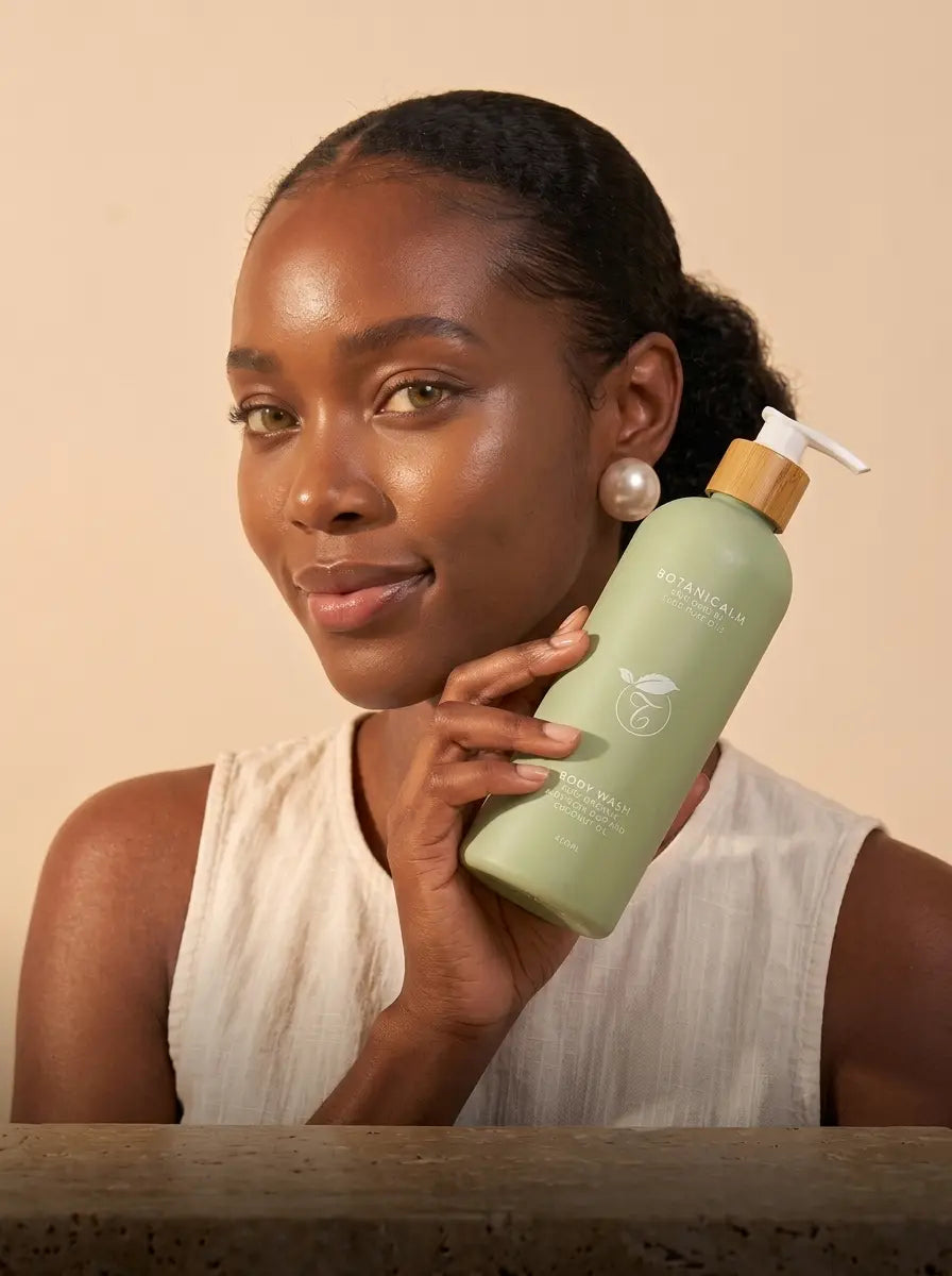 A woman with dark skin and her hair pulled back holds a light green bottle of hair wash against a warm beige background. The bottle has a white pump and a light wood-toned collar, with white text that appears to read 'BOAVERGAS' and 'HONEY MOISTURE WASH'.
