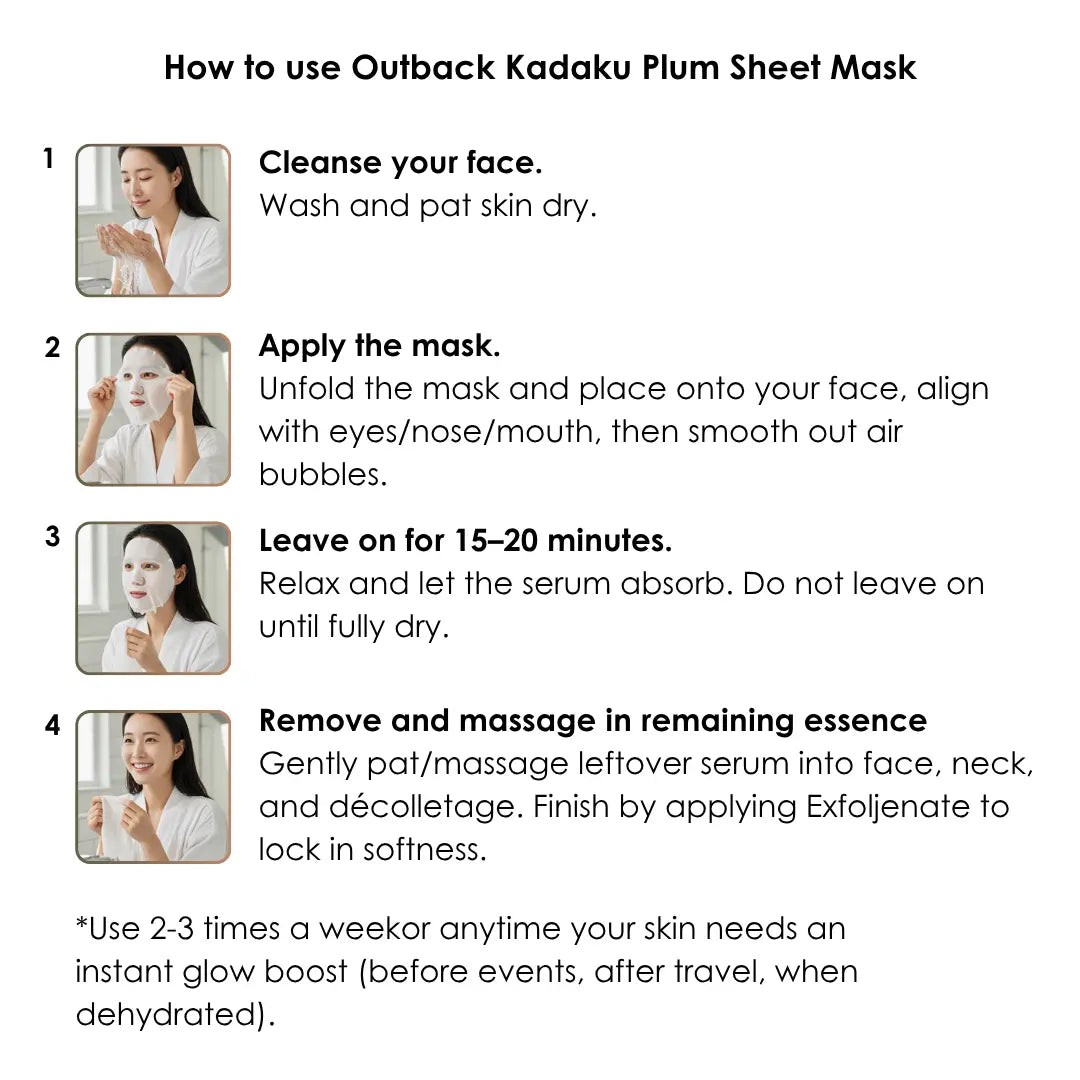 Instructions on how to use Outback Kadaku Plum Sheet Mask with step-by-step images and text.