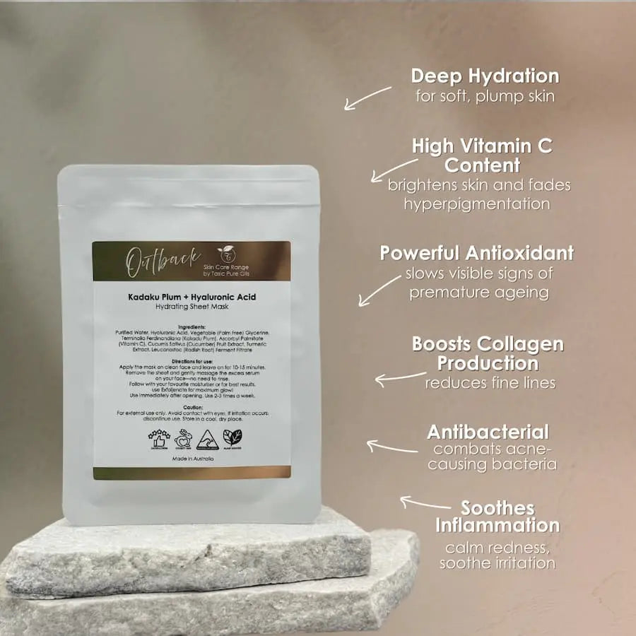 Outback Kadaku Sheet Mask by Tasic Pure Oils - biodegradable bamboo face mask with Kakadu plum and hyaluronic acid