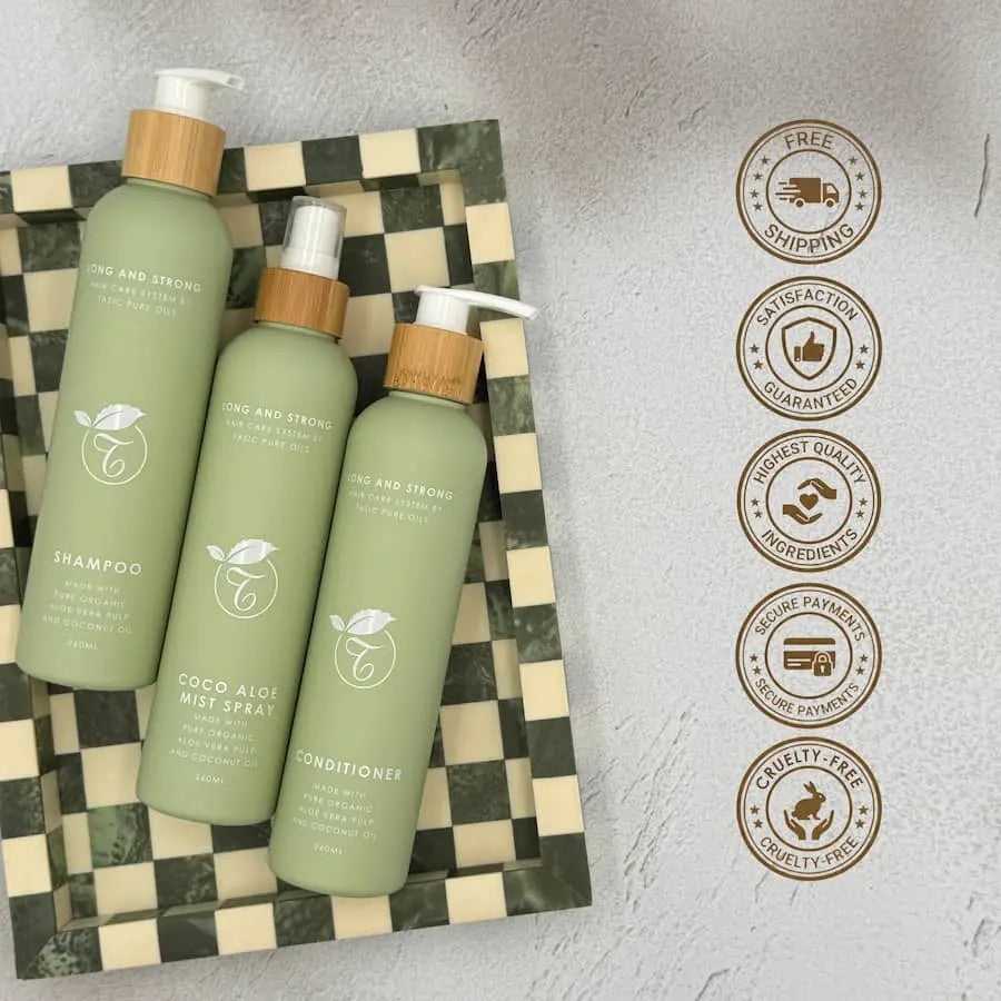 Three green bottles with wooden caps on a checkered mat, surrounded by certification badges on a gray background.