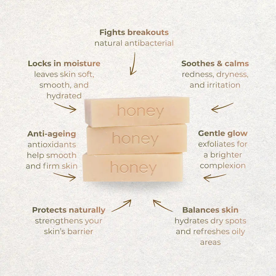 Three bars of honey soap with text highlighting its benefits on a light background