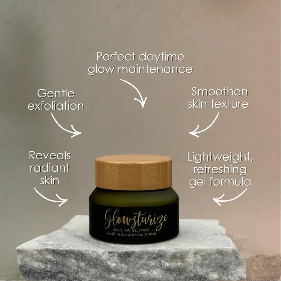 Glowsturize skincare product with features listed on a neutral background