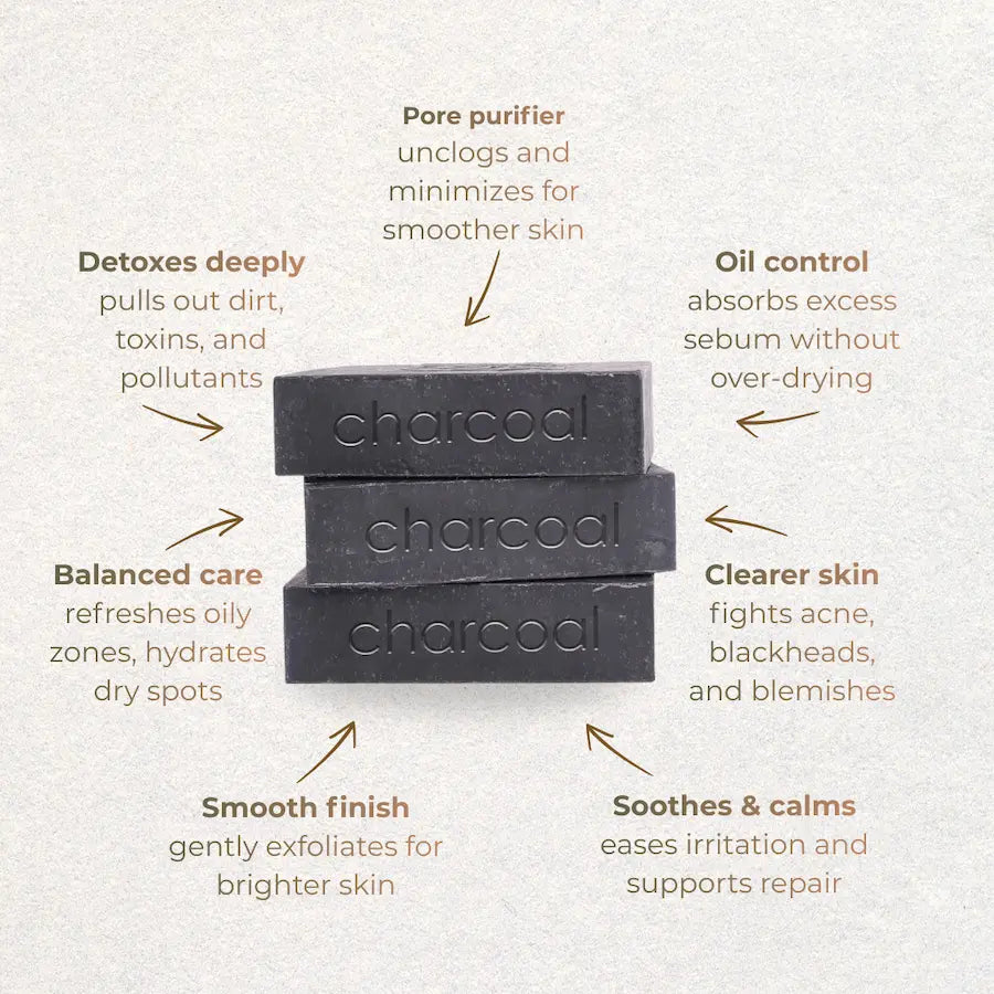 stack of activated charcoal soap in textured background