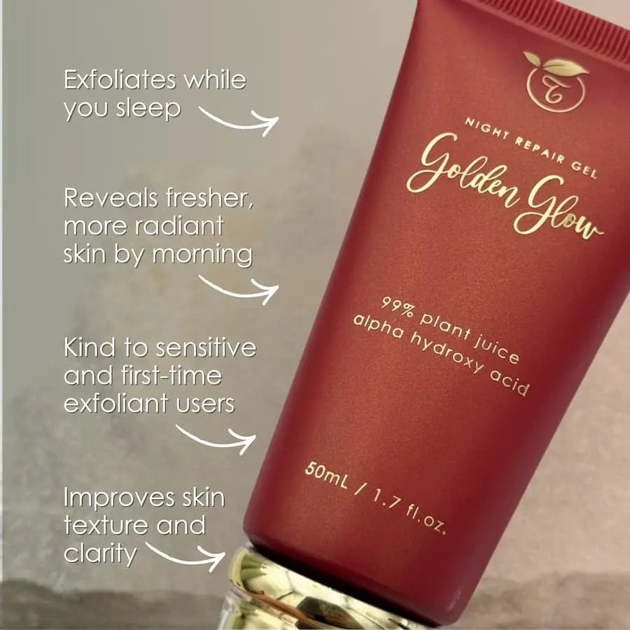 Red skincare gel tube labeled 'Golden Glow' with text highlighting benefits on a neutral background