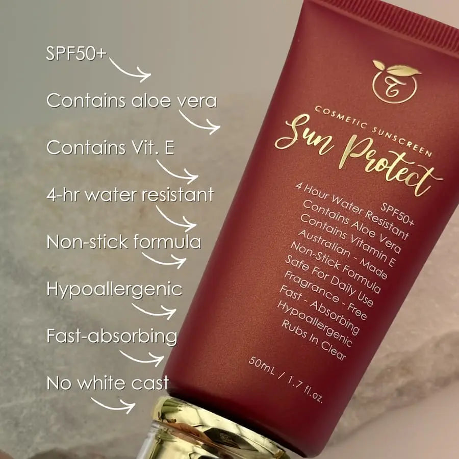 Sunscreen tube with text highlighting features on a neutral background