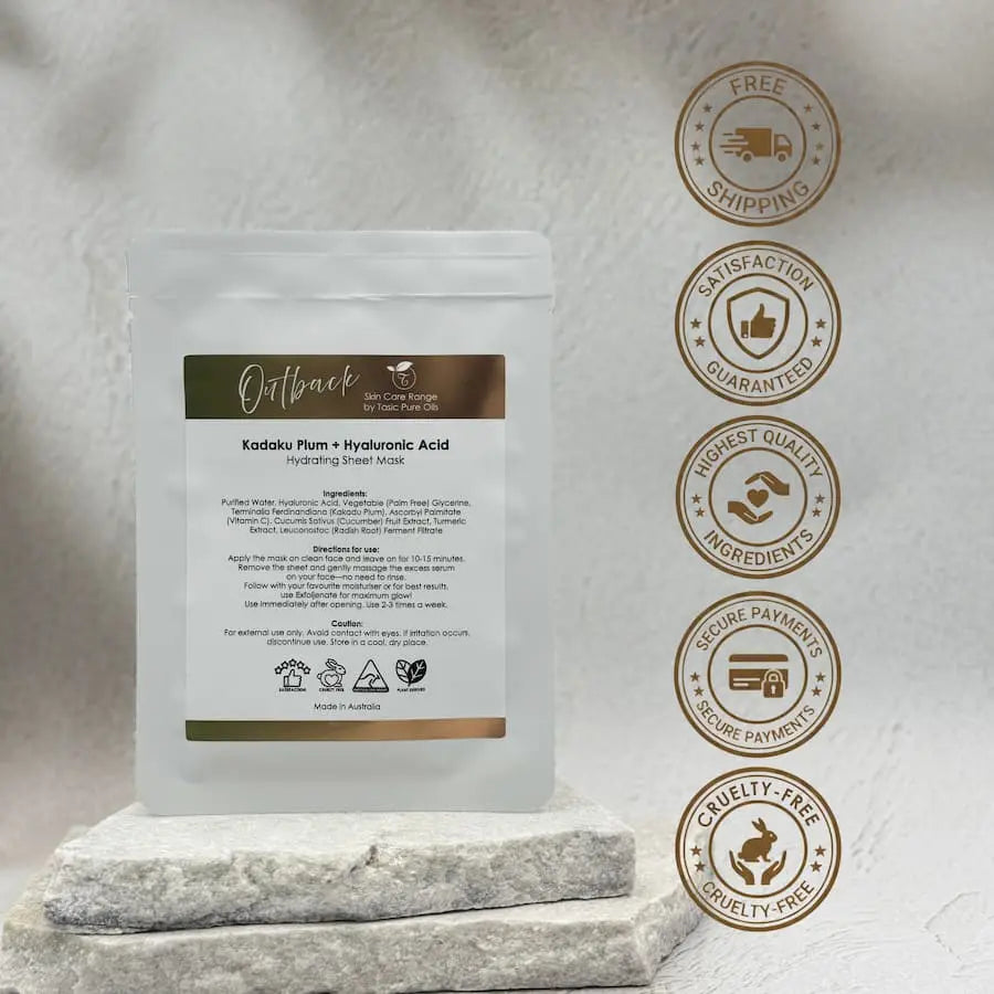 Product packaging with a label on a textured surface, featuring certification logos.