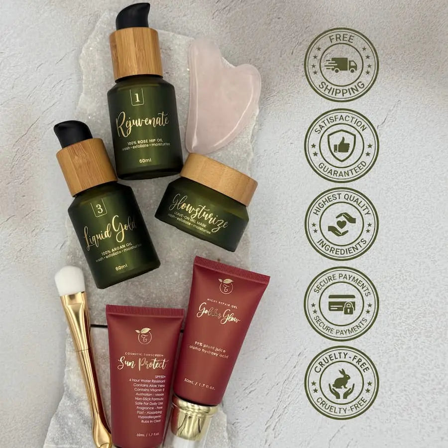 Skincare products with labels on a textured surface
