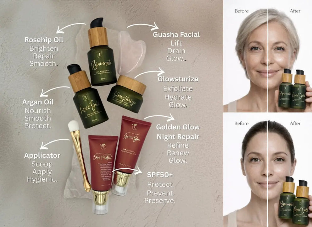 Cosmetic products with application instructions and before/after results on a textured background