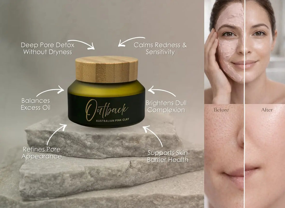 Outback skincare product with before and after effects on a woman's face.