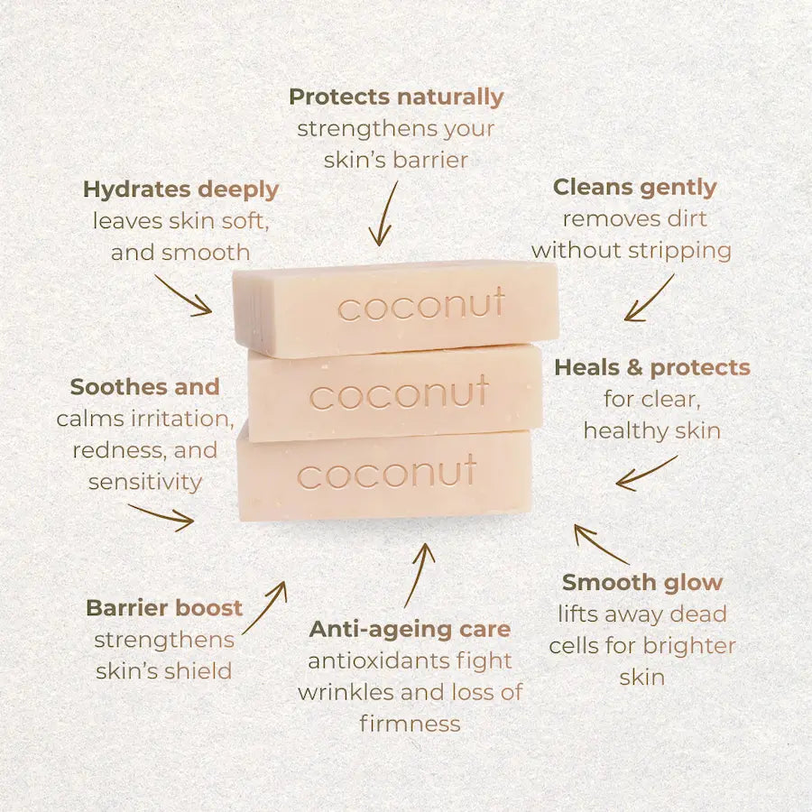 Coconut soap bars with text highlighting its benefits on a light background
