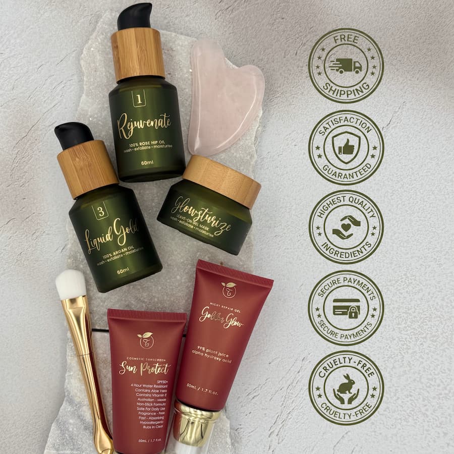 Tasic Pure Oils Exfoljenate bundle with trust badges: free shipping, satisfaction guaranteed, highest quality ingredients, secure payments and cruelty-free