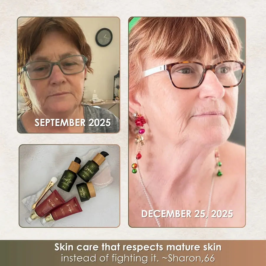 Before and after comparison of a woman's face with skincare products, labeled 'September 2025' and 'December 25, 2025'.