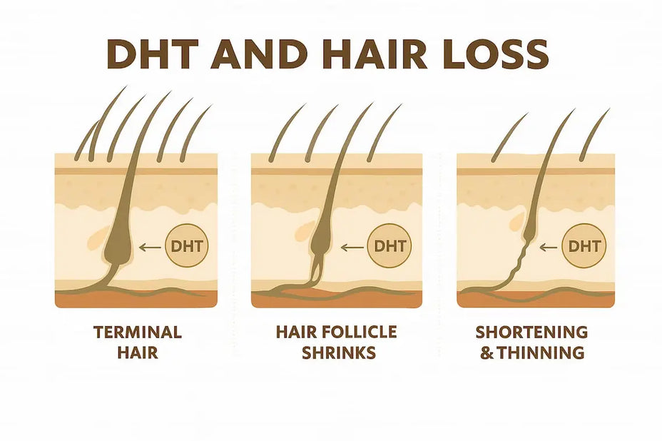 Diagram showing the effects of DHT on hair loss with labeled stages.