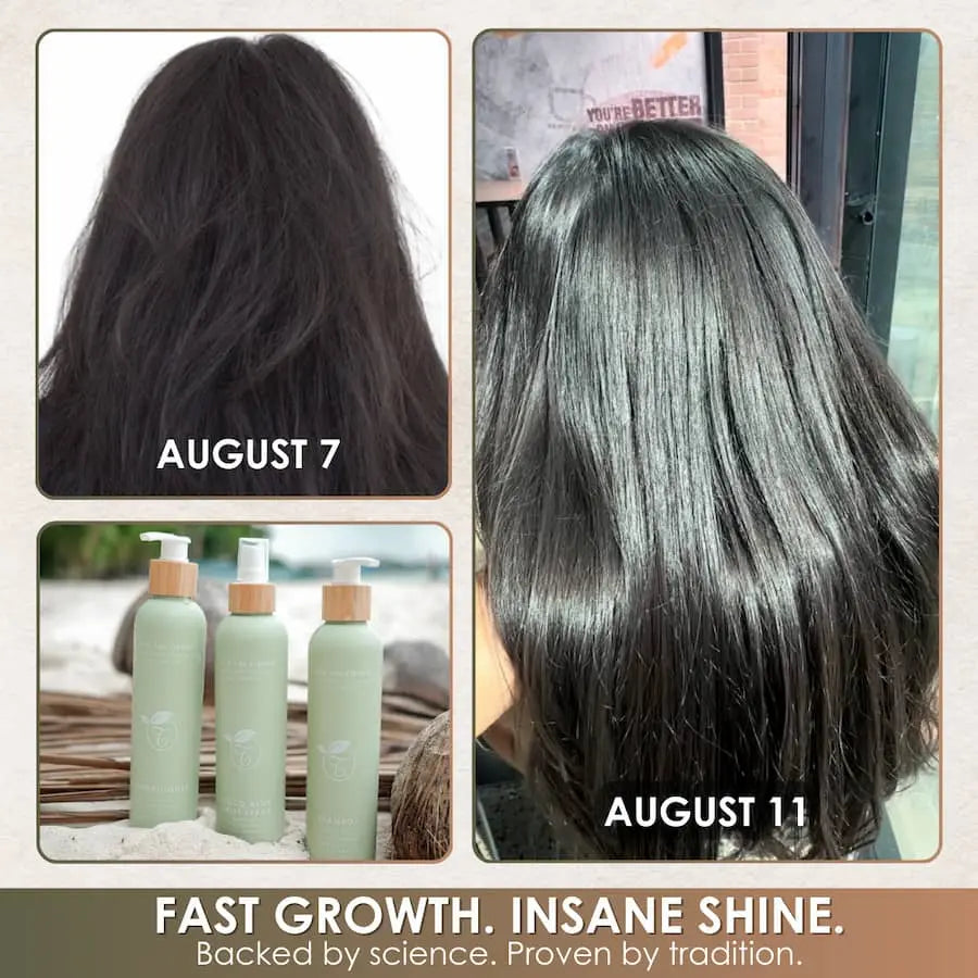 Before and after hair color transformation with shampoo bottles in the corner.