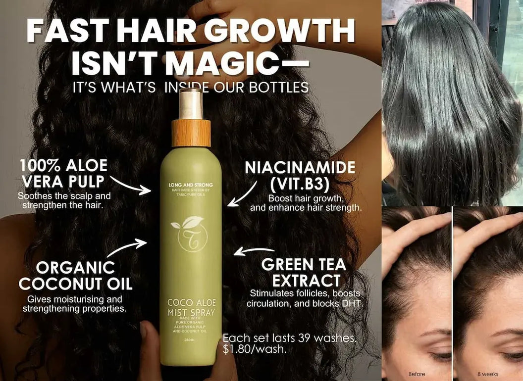 Hair care product with text highlighting ingredients and benefits, including aloe vera, coconut oil, and niacinamide.