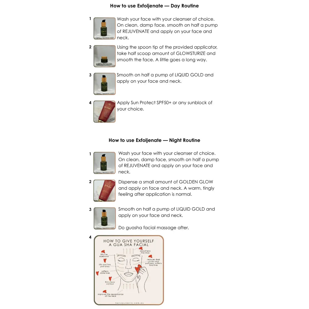 Instructions for using a skincare routine with images of products and a face diagram.