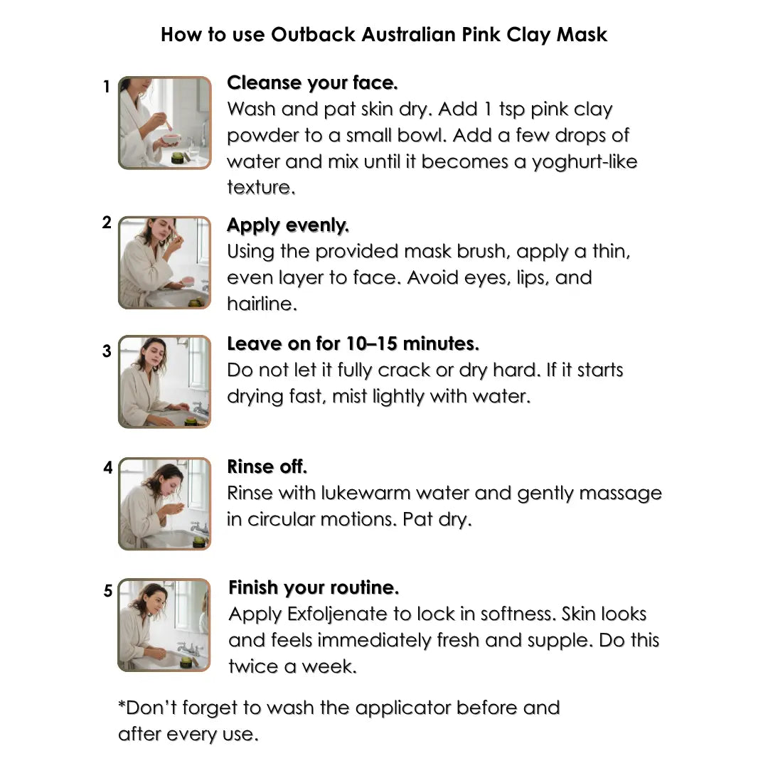 Instructions for using Outback Australian Pink Clay Mask with step-by-step guide and images.