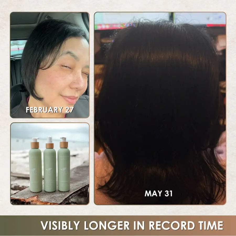 Before and after comparison of hair growth with product bottles displayed.