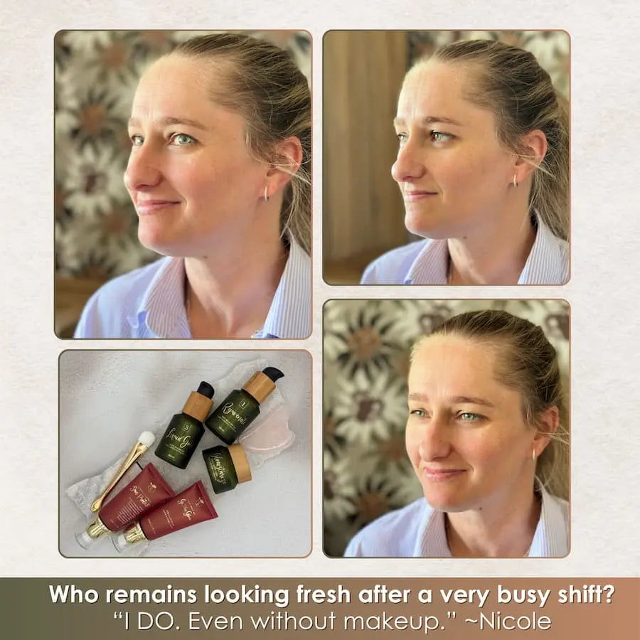 Woman with makeup and without makeup, with skincare products displayed.