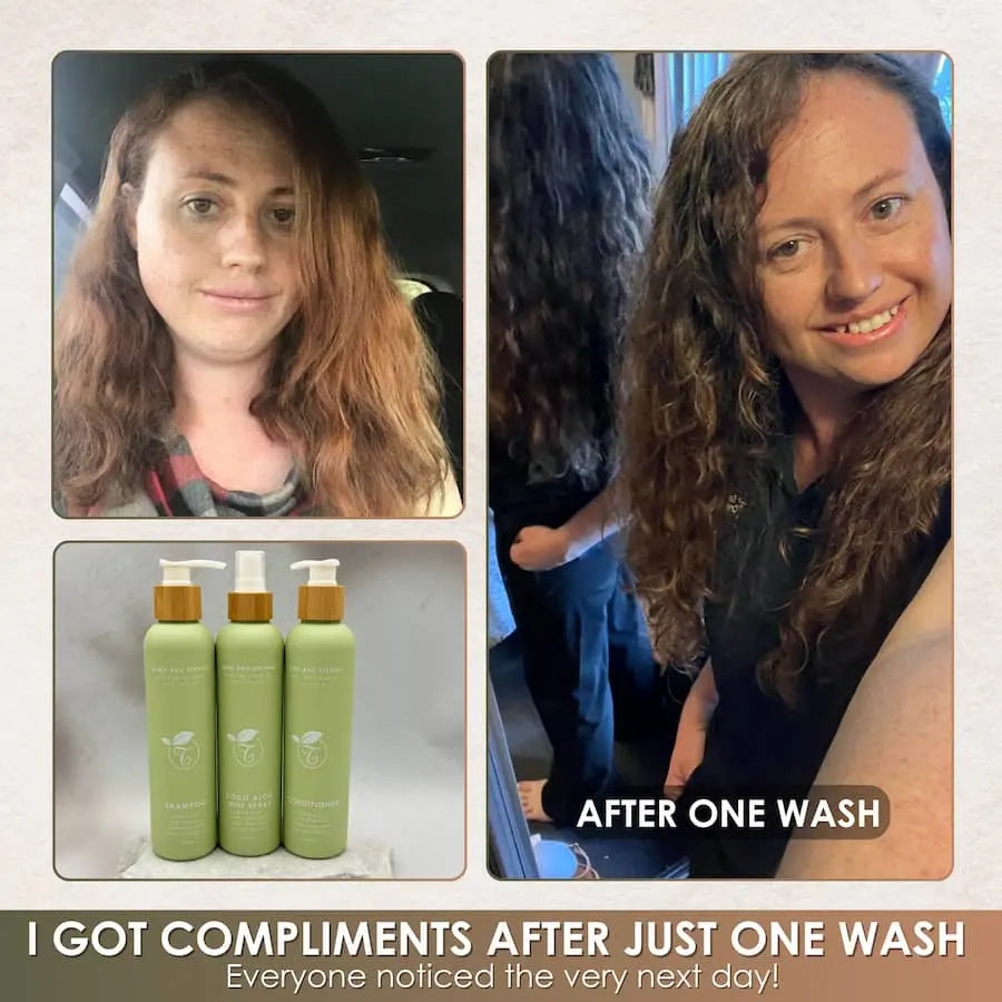 Before and after comparison of a person with hair products, with text indicating positive feedback.