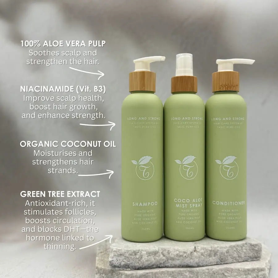 Three green bottles of hair care products with text detailing their ingredients on a gray background.