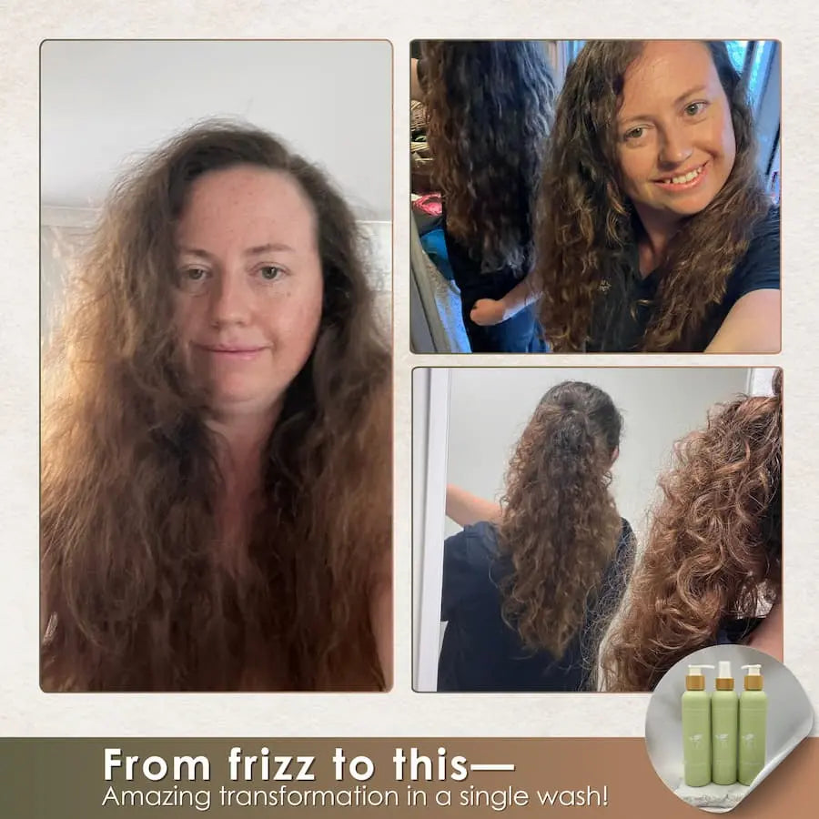Before and after transformation of hair with a product, showing a woman with frizzy hair and curly hair, with text 'From frizz to this - Amazing transformation in a single wash!'.