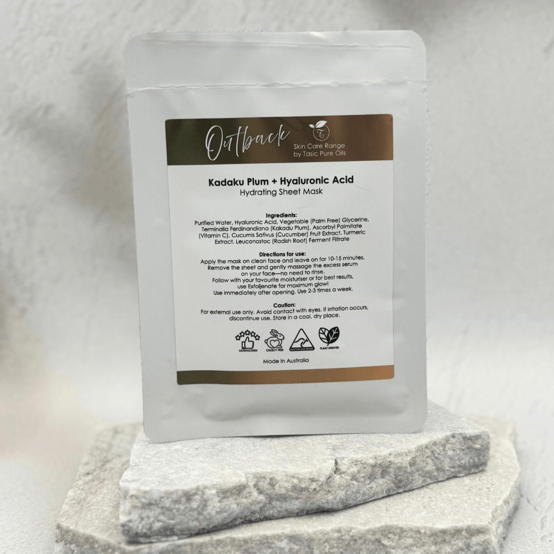 Outback Kadaku Sheet Mask by Tasic Pure Oils - biodegradable bamboo face mask with Kakadu plum and hyaluronic acid