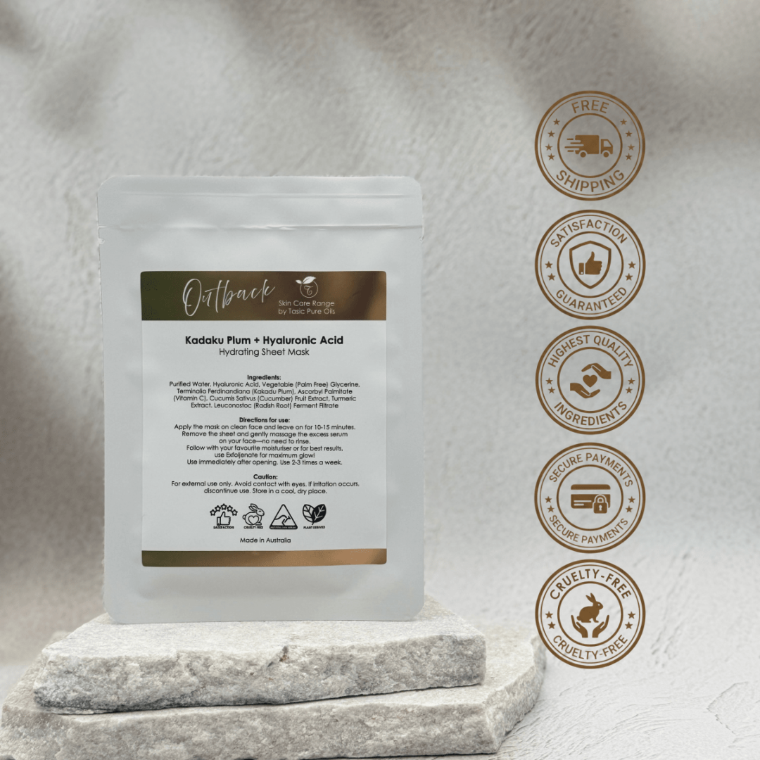 Outback Kadaku Sheet Mask by Tasic Pure Oils - biodegradable bamboo face mask with Kakadu plum and hyaluronic acid