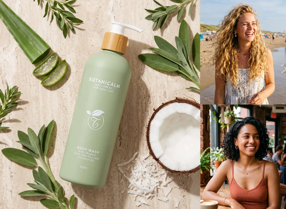 A botanical body wash bottle in sage green with a bamboo pump, styled with aloe vera, olive leaves, and a coconut half on a textured beige surface. Two smaller inset photos on the right show smiling women, one at the beach and one in an indoor setting.