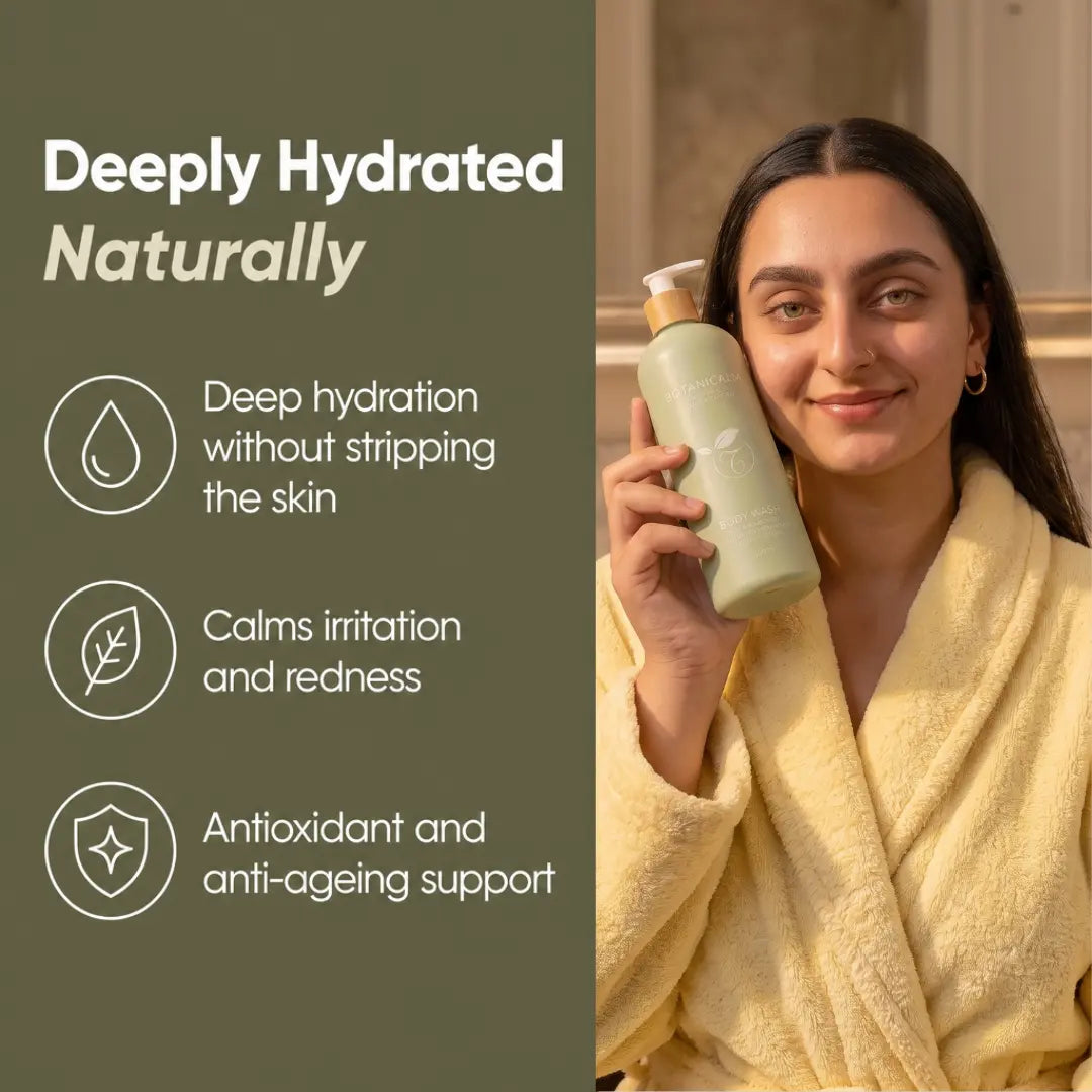 A woman in a yellow bathrobe holds a light sage green bottle of skincare, with promotional text on the left reading 'Deeply Hydrated Naturally' and three benefit icons.