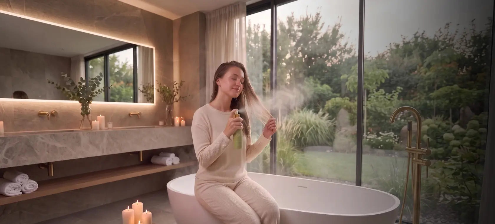A woman in a bathroom sits on the edge of a white bathtub, holding a green bottle and spraying a mist. The bathroom has a modern design with a large window showing a garden view, candles, and a wooden vanity.